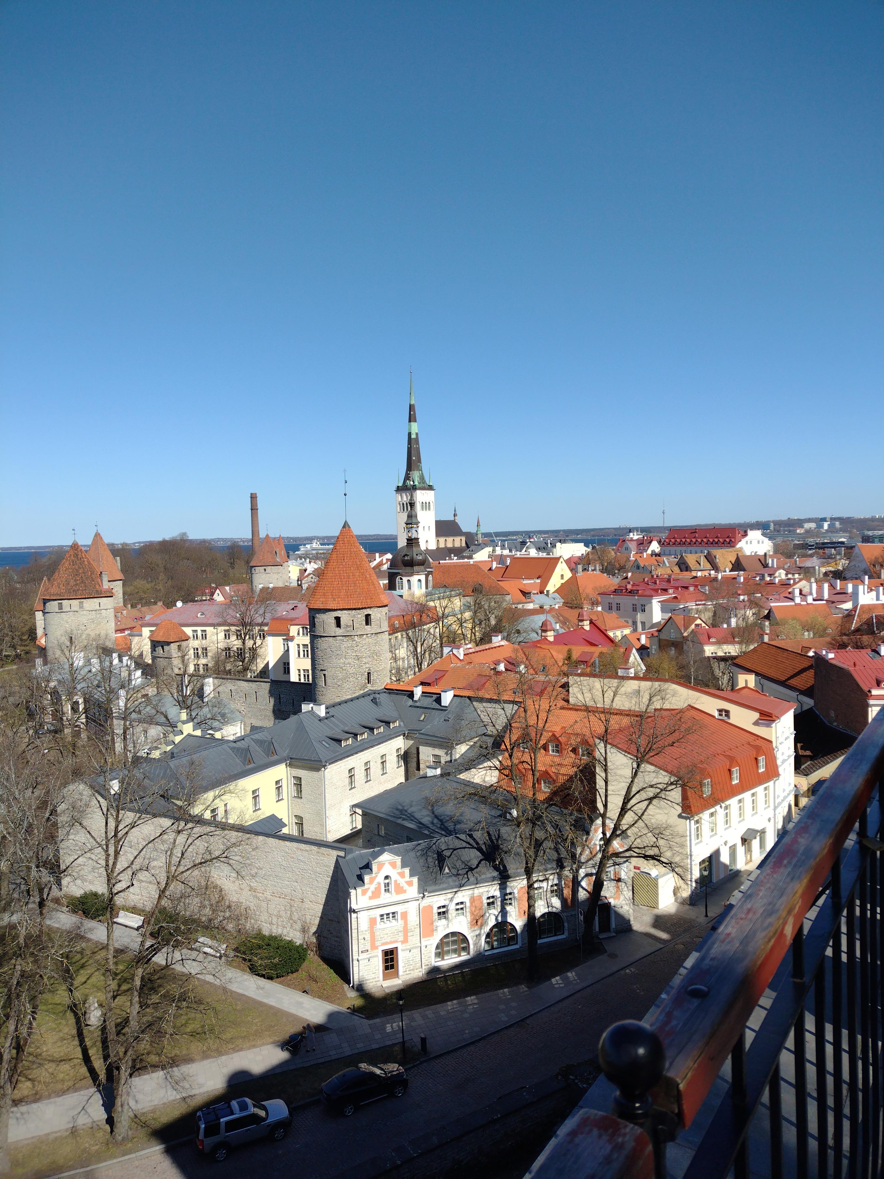 Kuva Tallinnan Toompean näköalatasanteelta Vanhaan kaupunkiin. Kaunis sininen taivas, värikkäitä taloja. 