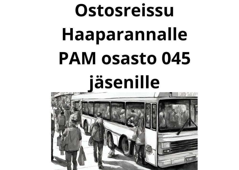 Mustavalkoinen kuva, jossa linja-auto ja ihmisiä liikkumassa kassien kanssa. Kuva on tehty Canvan tekoälyllä hakusanoilla: ostosmatkalle Haaparantaan mustavalkoinen piirretty kuva