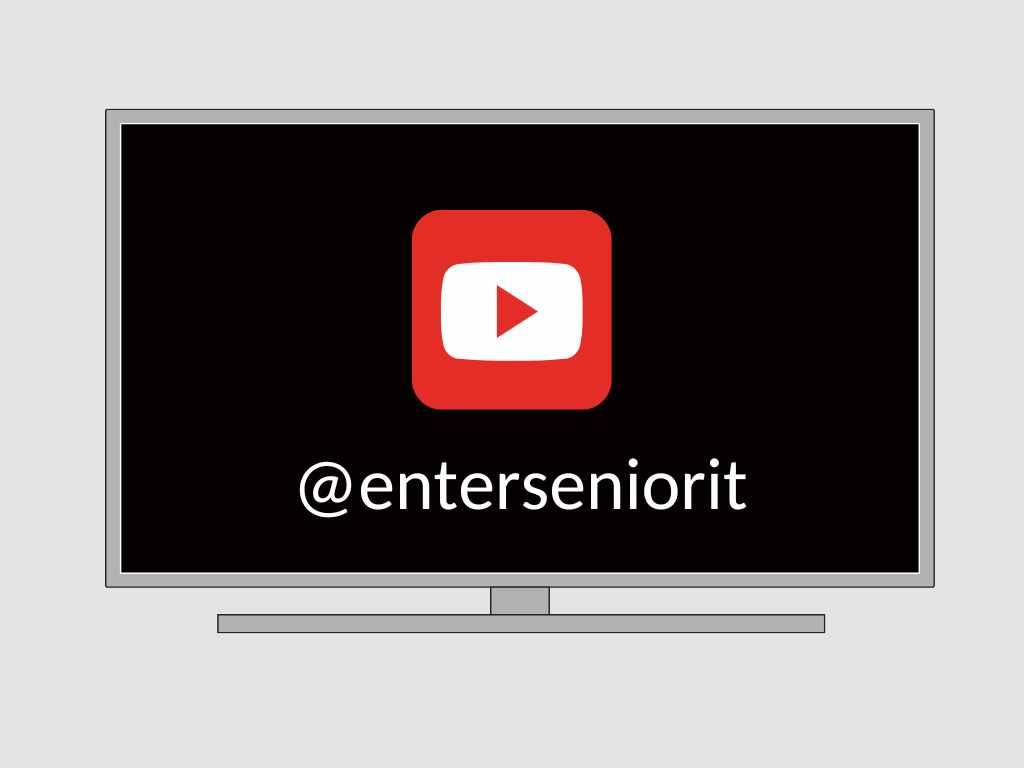 Kuvassa YouTuben punainen play-symboli ja teksti @enterseniorit
