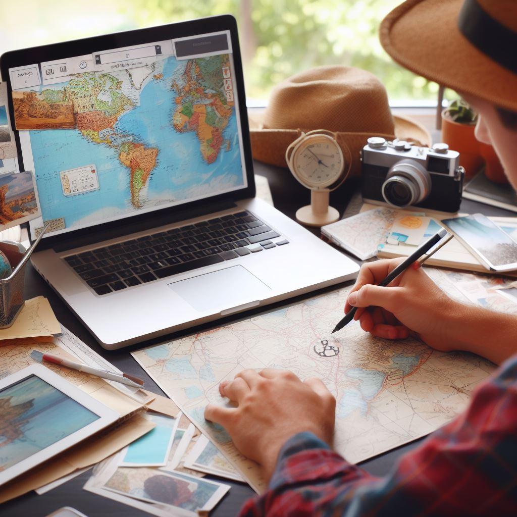 Bing Image Creatorin luomassa kuvituskuvassa henkilö tutkii paperikarttaa. Auki olevalla läppärin näytöllä maailman kartta ja pöydällä matkailijan välineitä kamerasta kompassiin ja panamahattuun.