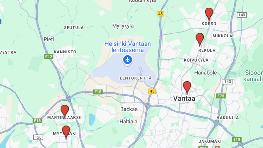 Vantaan opastuspisteet kartalla. 