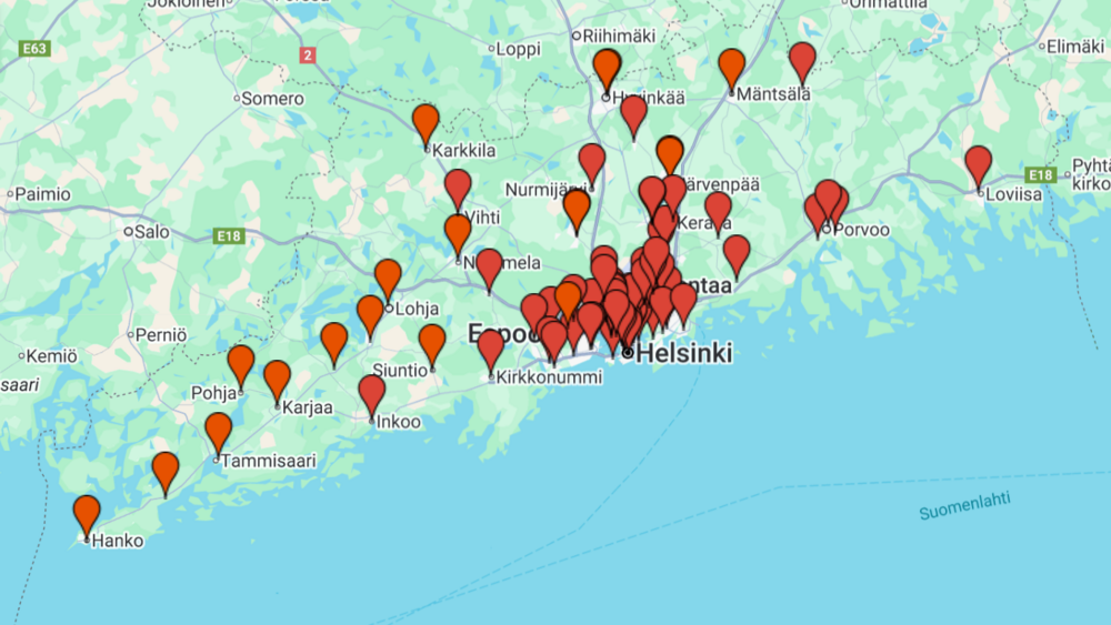 Kuva Uusimaasta, opastuspaikat on merkitty punaisin nuppineuloin.