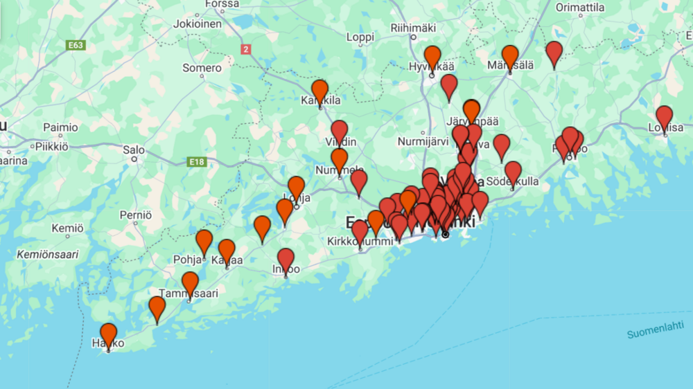 Kuva Uusimaasta, opastuspaikat on merkitty punaisin nuppineuloin.