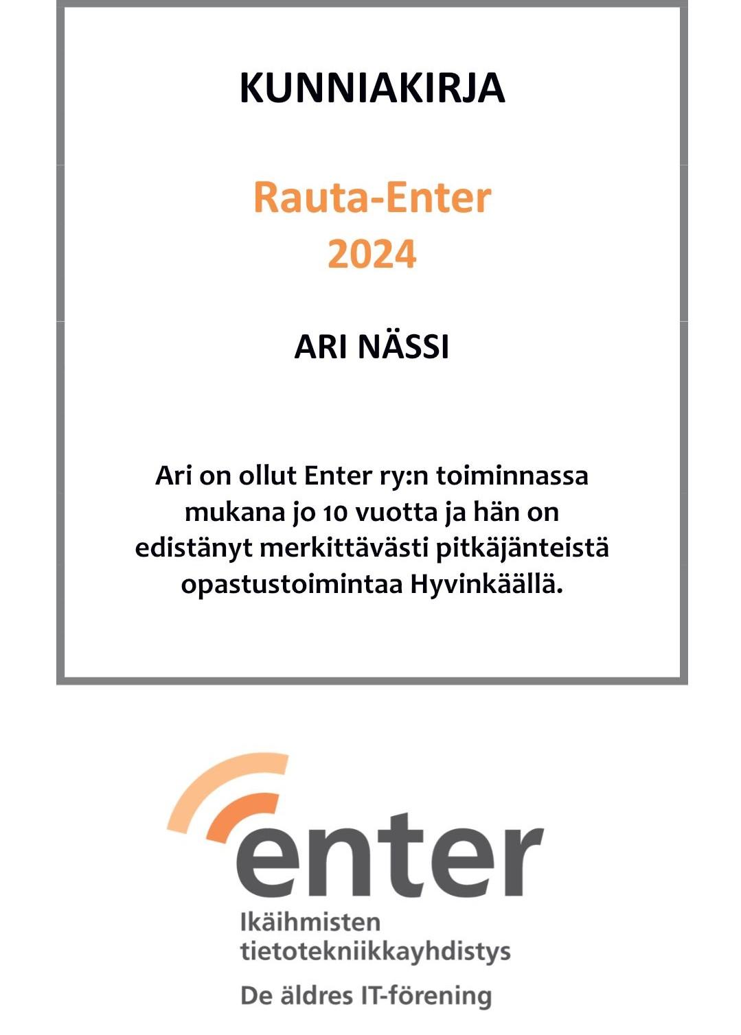 Ari Nässin Rauta-Enter 2024 -kunniakirja.