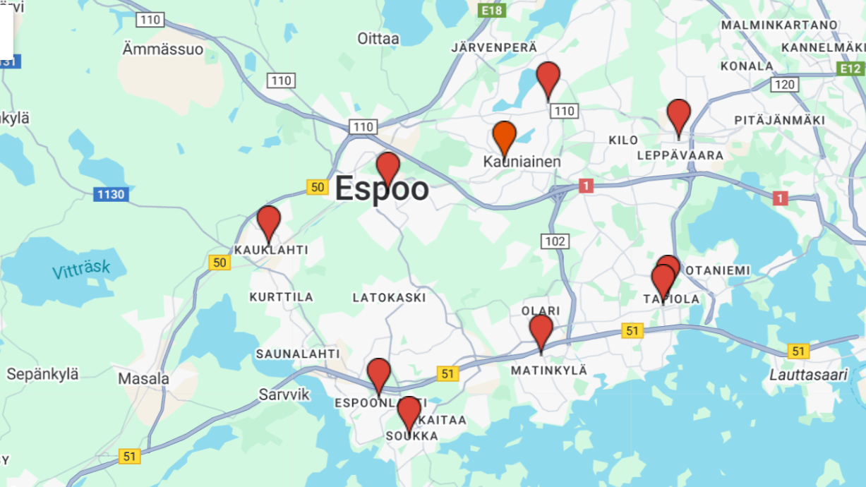 Enterin Espoon opastuspisteet kartalla.