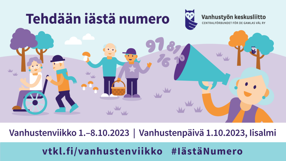 Tehdään iästä numero. Vanhustenviikon 1.-8.10.2023 ilmoitus. Pastellisävyisessä piirroskuvassa ikäihmisiä. Vanhustyön keskusliitto.