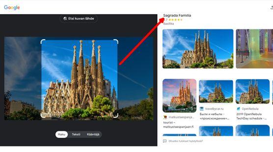 Kuvassa Google Lens on tunnistanut Sagrada familia -kirkon.