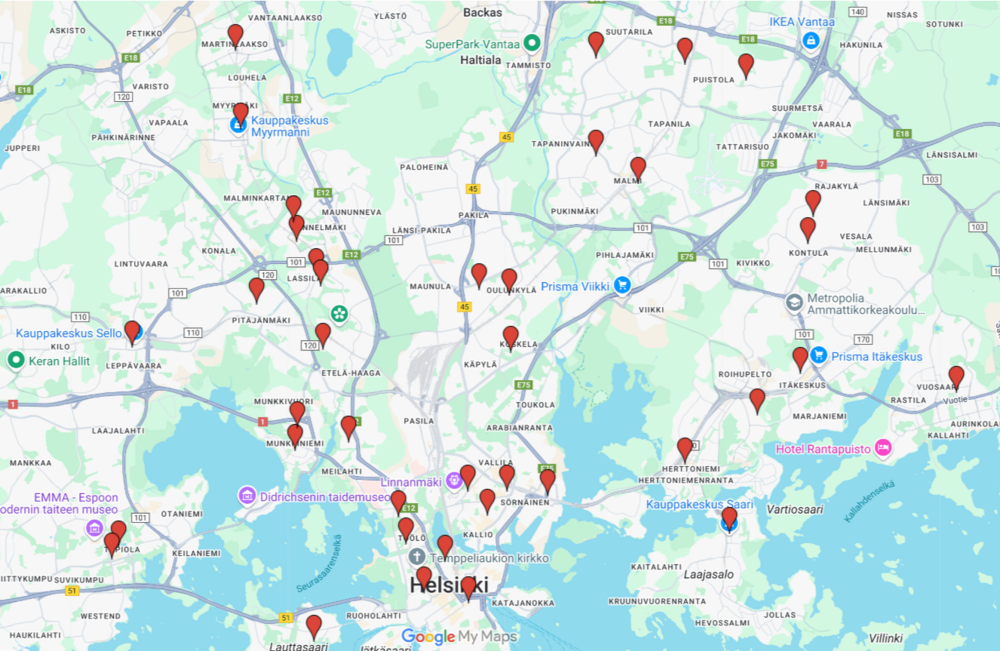 Opastuspisteet merkitty Helsingin karttaan.