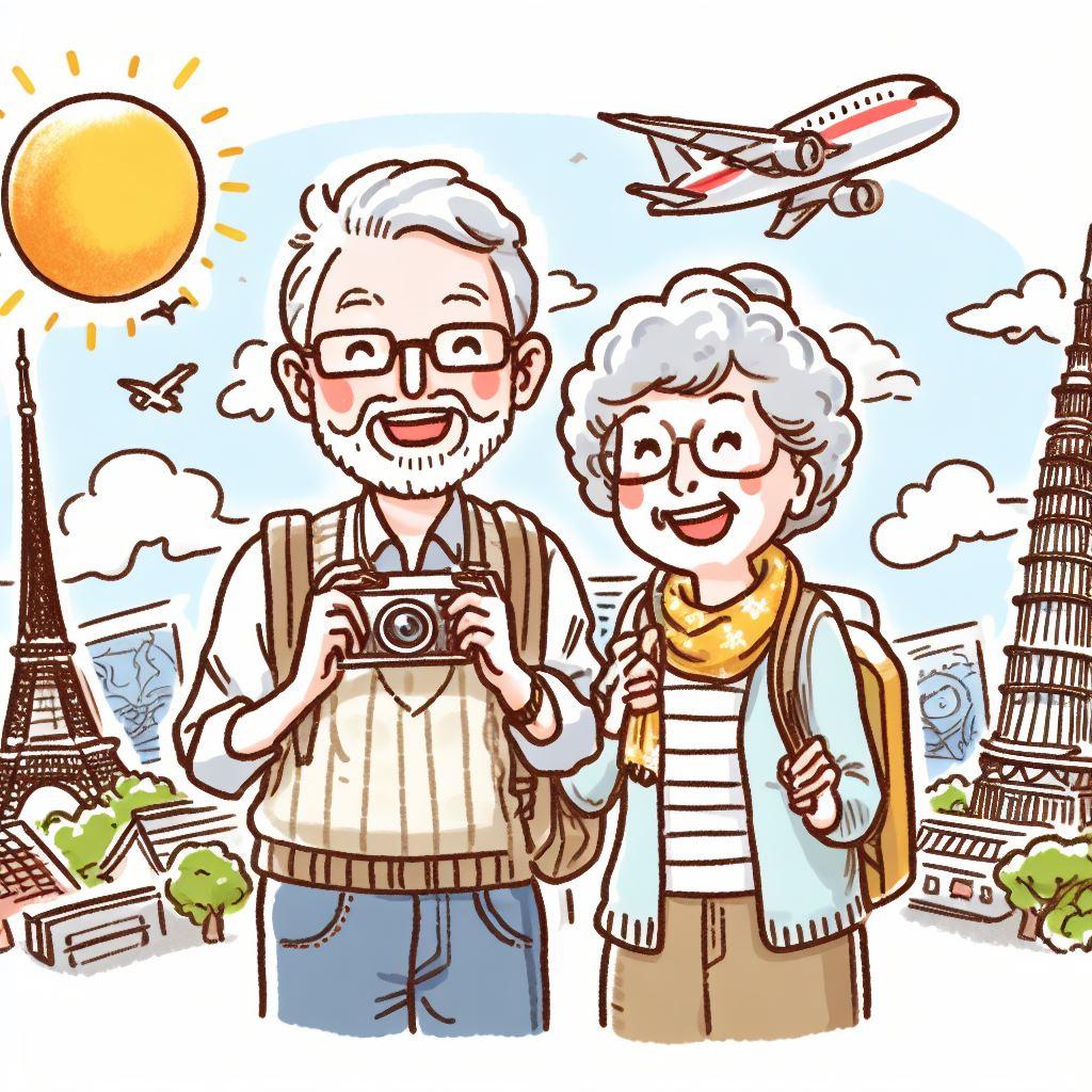 Piirroskuvassa vanhahko turistipariskunta hymyilee iloisesti. Syytä onkin sillä aurinko paistaa, lentokone nousussa, taustalla Eiffel-torni ja Pisan kalteva torni. Hyvää matkaa heille!