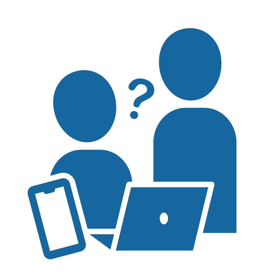 Digital support symbol, where two people are together with digital devices and a question mark between them