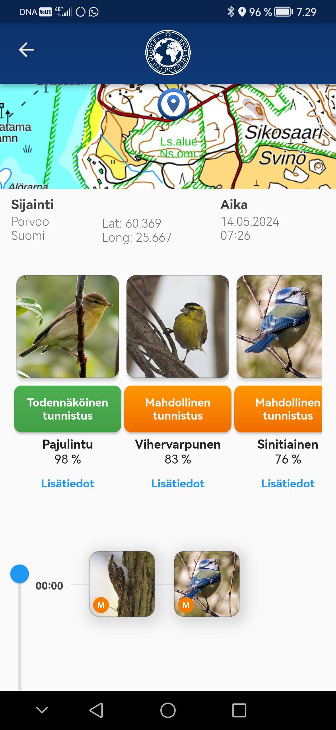 Näkymä Muuttolintujen kevät -sovelluksesta - siinä muun muassa kartta, tunnistettuja lintuja tietoineen.