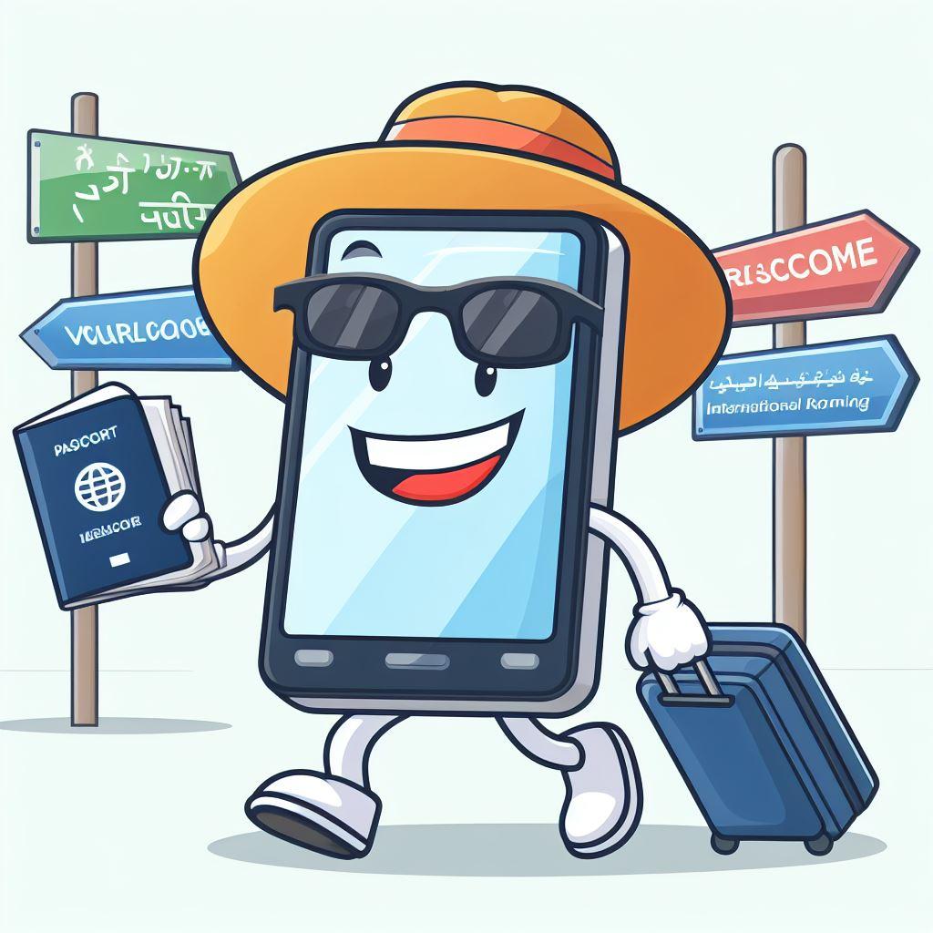 Bing Image Creatorin iloisessa piirroksessa lierihattuinen turisti suunnistaa vetolaukkuineen älykännykän  tekoälyn ohjaamana