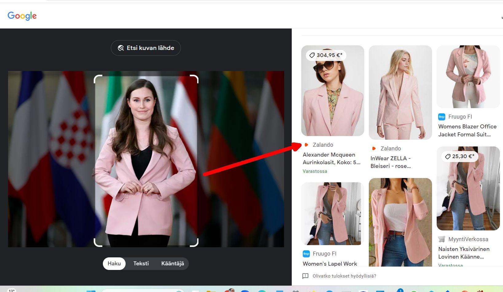 Vasemmalla kuvassa Sanna Marin pukeutuu vaaleanpunaiseen bleiseriin. Oikealla pikkukuvia vastaavanlaisista takeista eri kaupoissa.