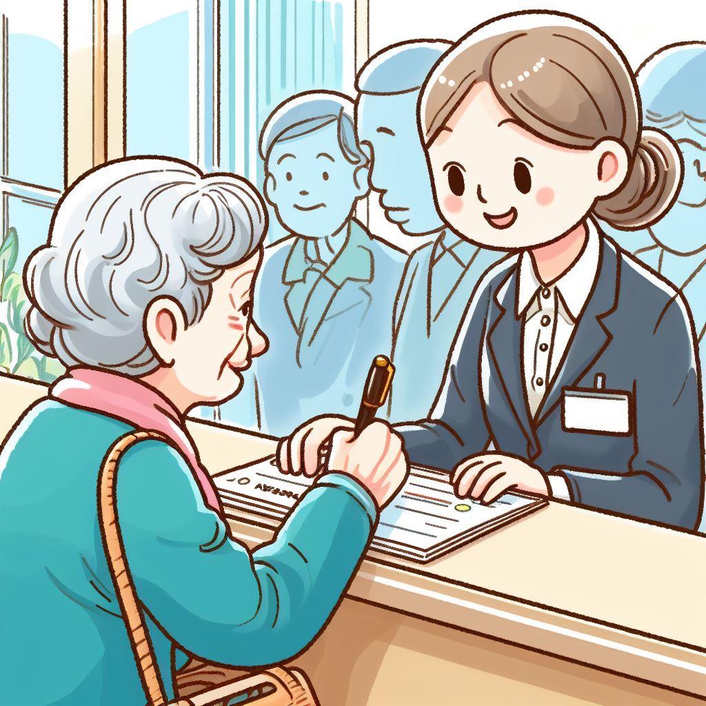 Bing Image Creatorin luomassa piirroskuvassa iäkäs naishenklö asioi receptionissa. Häntä palvelee nuori, ystävällisen näköinen vastaanottovirkailija.