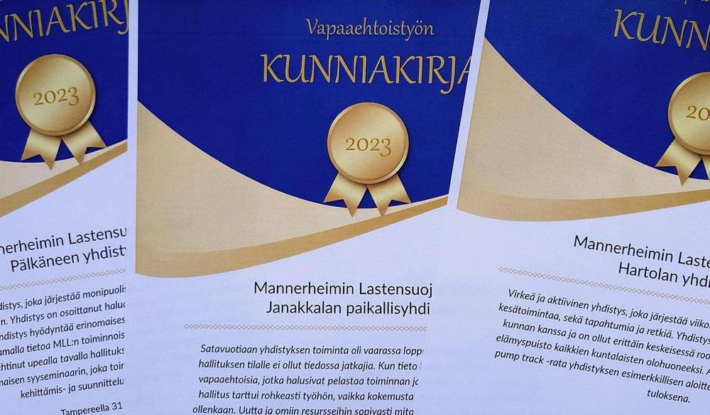 Vapaaehtoistyön kunniakirjat 2023 jaettiin Mannerheimin lastensuojeluliiton Hämeen piirin alueen kolmelle paikallisyhdistykselle: Pälkäneen, Janakkalan ja Hartolan yhdistyksille.