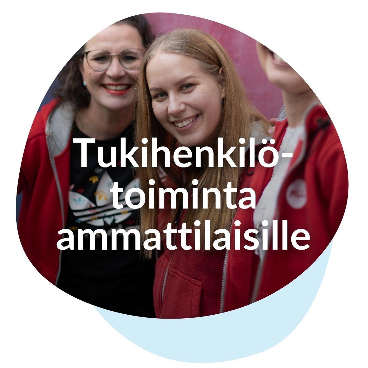 MLL Uusimaan työntekijät hymyilevät. Kuvassa teksti: MLL tukihenkilötoiminta ammattilaiselle.