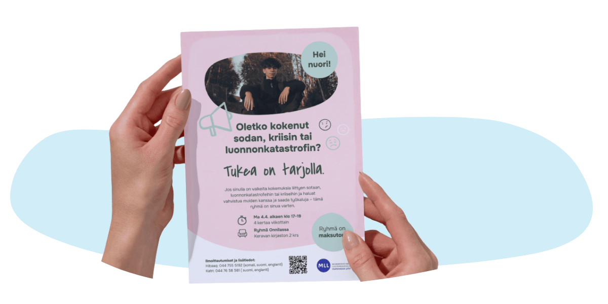 Naisen kädet pitävät TRT-mainosta nuorille.