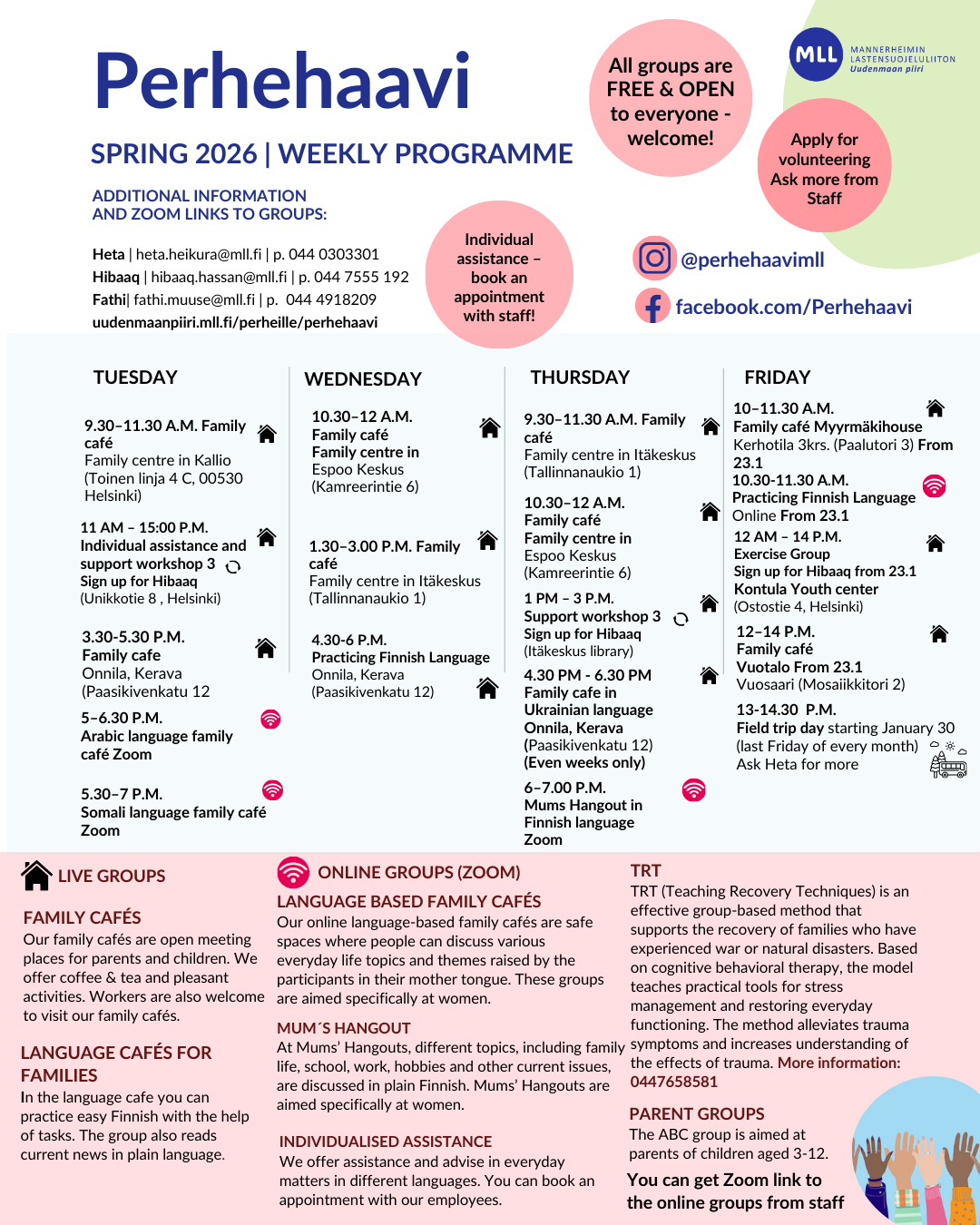 MLL Perhehaavi programme for families, weekly schedule for spring 2026.