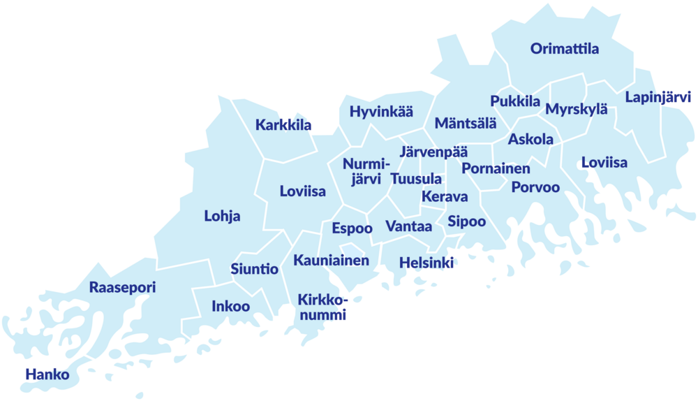 Kartta Uudenmaan alueella olevista kunnista, joissa on MLL paikallisyhdistyksiä.