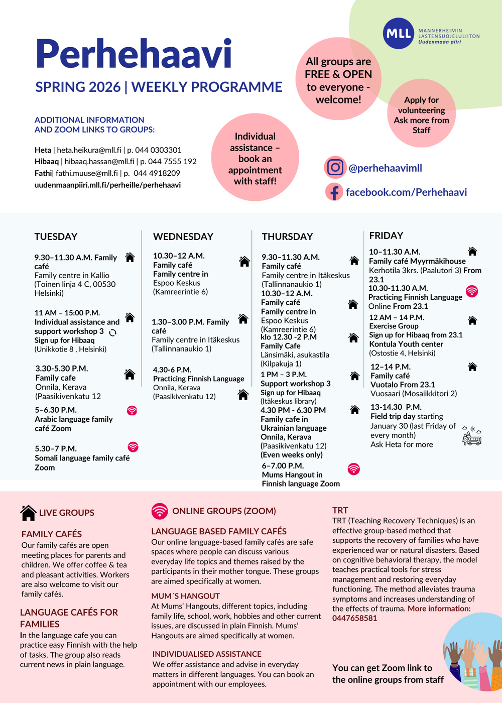 MLL Perhehaavi programme for families, weekly schedule for spring 2026.