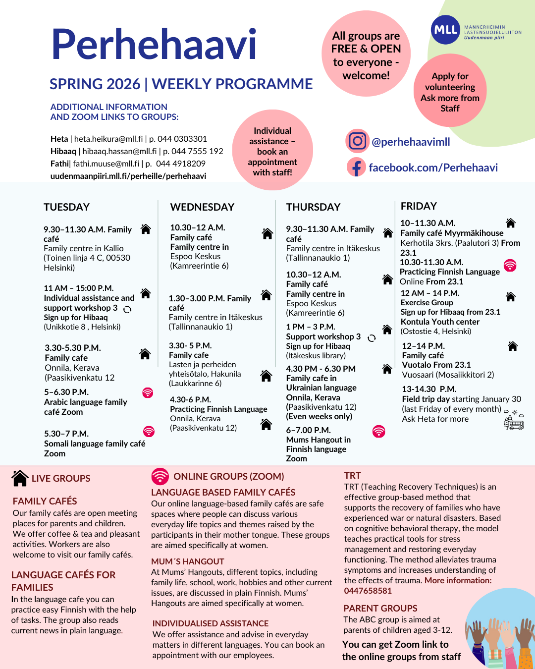 MLL Perhehaavi programme for families, weekly schedule for spring 2026.