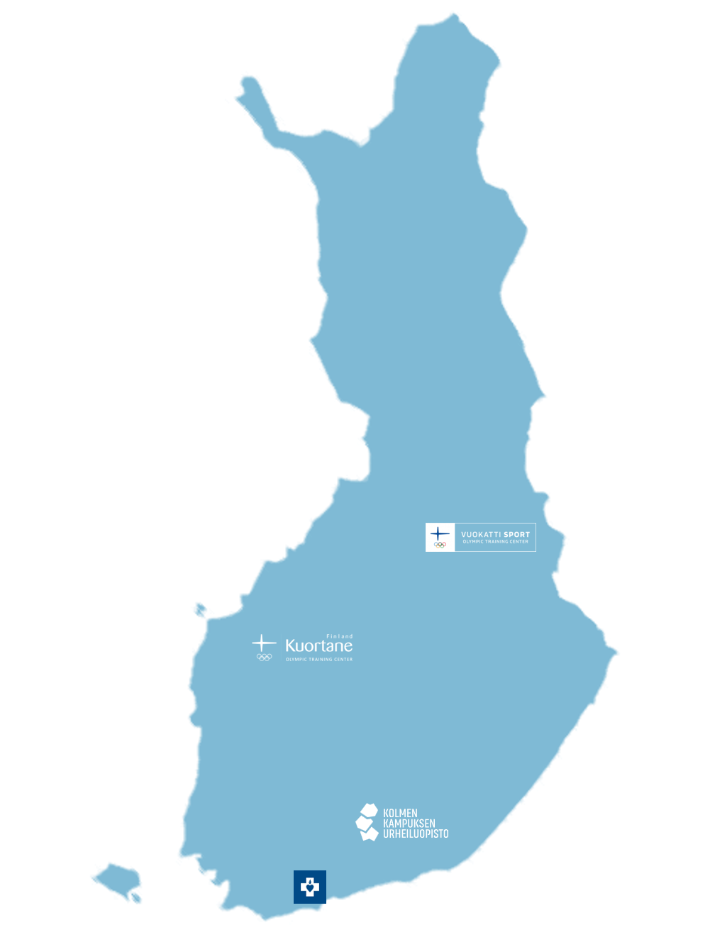 Suomen kartta jossa näkyvissä urheiluopistot, joissa alueleirit pidetään.