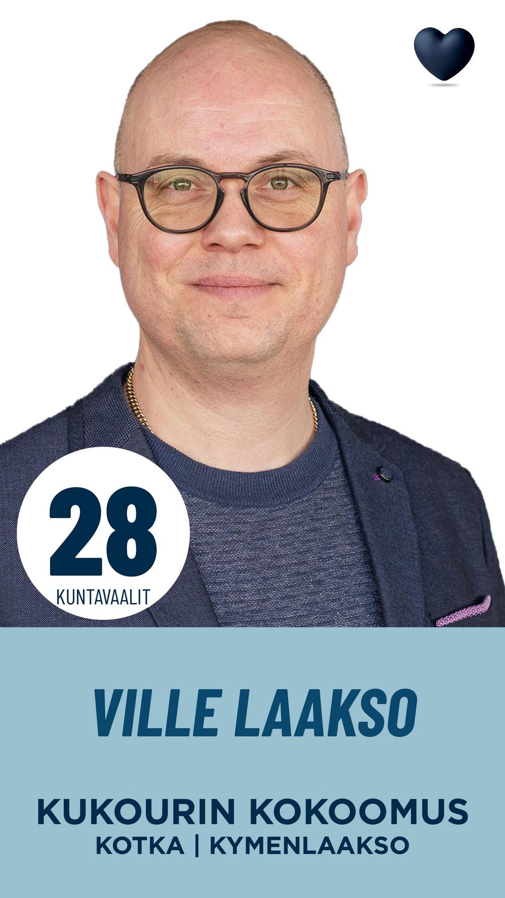 Ville Laakso
yrittäjä, kauppias

Olen vedensininen ensikertalainen kuntavaalikentällä. Päivätyöni on yrittäjyyttä omassa paikallisessa palvelualan yrityksessä. Koen suurta mielenkiintoa Itäisen Suomenlahden saaristoa ja saaristomatkailun kehittämistä kohtaan. Saariston kesäkauppiaan vanaa Pyhtään Kaunissaaressa on ennättänyt kertyä jo parin vuosikymmenen ajan. Yrittäjätyön arvostuksen kohottaminen ja myönteisen kuvan luominen omasta kotieseudusta on vahvasti mukava arkipäivissä. Omassa tekemisessäni pyrin laadukkuuteen, kestävyyteen ja tehokkuuteen. Ja samaa sanomaa yritän levittää sinne, missä kulloinkin vaikutan.