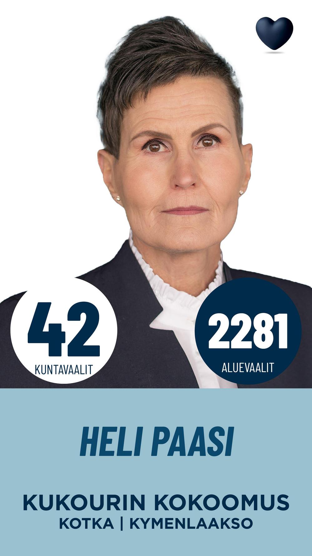 Heli Paasi
HHJ PJ, laatu- ja it-päällikkö

Olen mukana rakentamassa Kotkaa, joka on elinvoimainen, toimiva ja turvallinen, rakentaa toimintaansa kestävästi kehittyen tasapainoinen talous kivijalkana, uskoo osaamiseen ja tulevaisuuteen sekä huolehtii vastuullisesti kaikista kuntalaisista. Olen ollut politiikassa mukana vuodesta 2012. Arvostan saamaani luottamusta ja olen valmis vastuullisiin tehtäviin myös jatkossa. Tärkeimpiä luottamustehtäviäni: Kymenlaakson Vesi Oy hall. pj., Kotkan Julkiset Kiinteistöt Oy hall. vpj, Backstaff Oy hall. jäsen, HaminaKotka Satama Oy hall. jäsen ja Kotkan kaupunkirakenneltk jäsen.