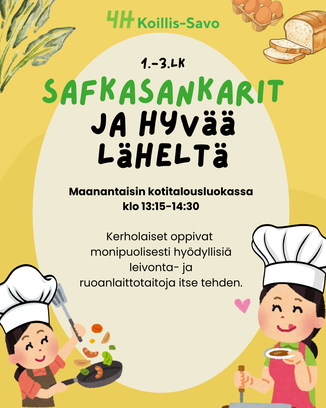 Kuvassa on kaksi lasta ja aikuinen ohjaaja hellan äärellä. He paistavat lettuja pannulla.