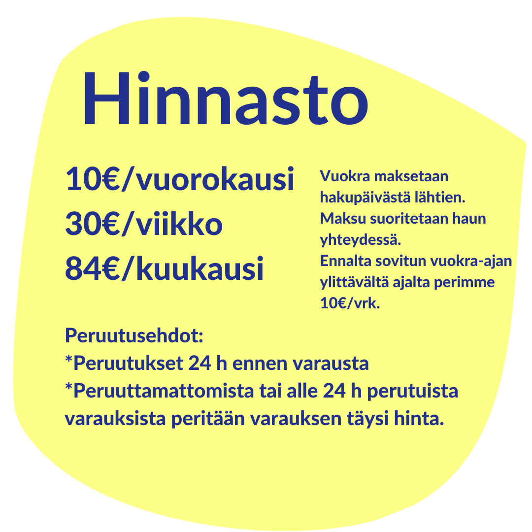 Hinnasto 10€/viikko 30€/viikko 84€/viikko 
vuokra maksetaan hakupäivästä lähtien. maksu suoritetaan haun yhteydessä. ennaltasovitun vuokra-ajan ylittävältä ajalta perimme 10€/vrk.
peruutusehdot:*peruutukset 24h ennen varausta *peruuttamattomista tai alle 24h perutuista varauksista peritään varauksen täysi hinta. 