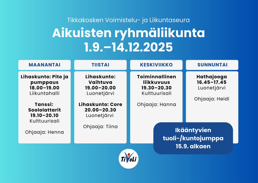 Aikuisten ryhmäliikunta Tikkakoskella - syksyn kalenteri