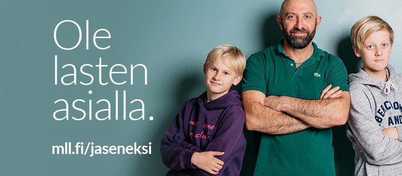 Oikeassa reunassa noin 10-vuotiaat pojat joiden keskellä seisoo mies. Vasemmassa reunassa teksti "Ole lasten asialla mll.fi/jaseneksi".