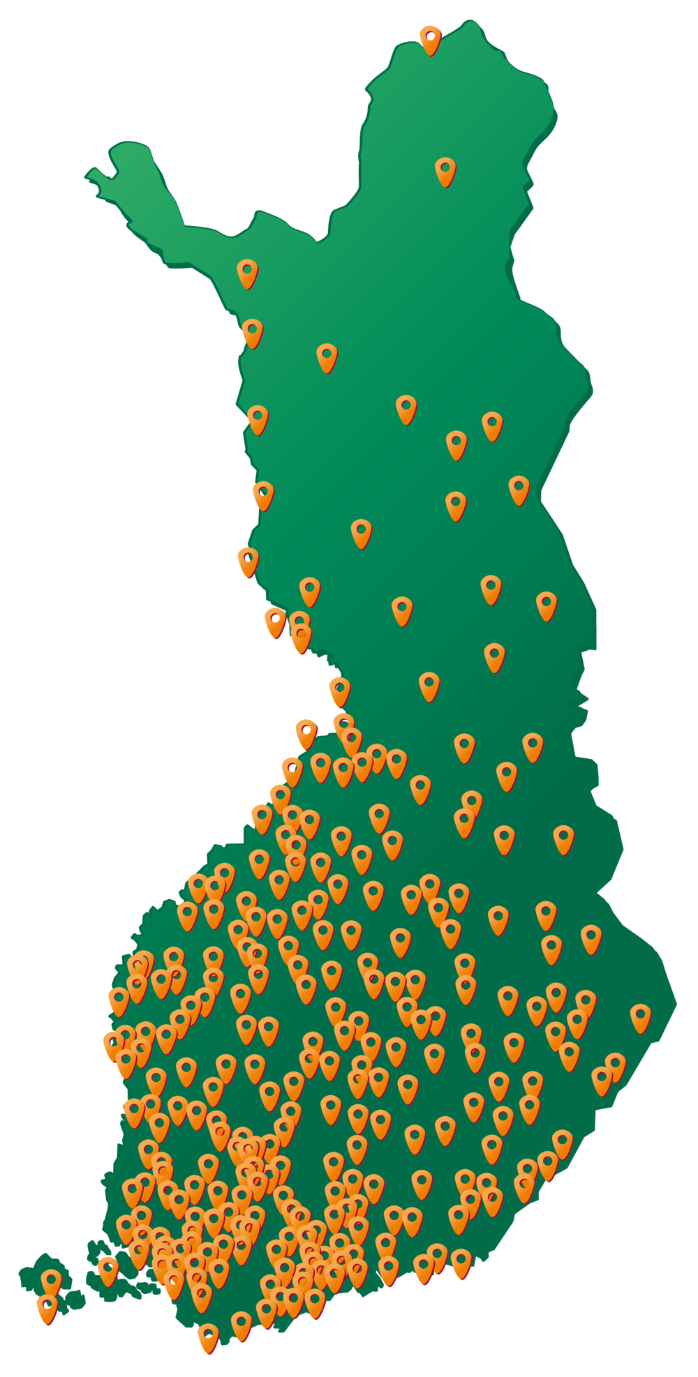 Karttakuva, jossa näkyvät paikkakunnat, joissa on järjestetty opintokeskusten koulutuksia vuonna 2025.