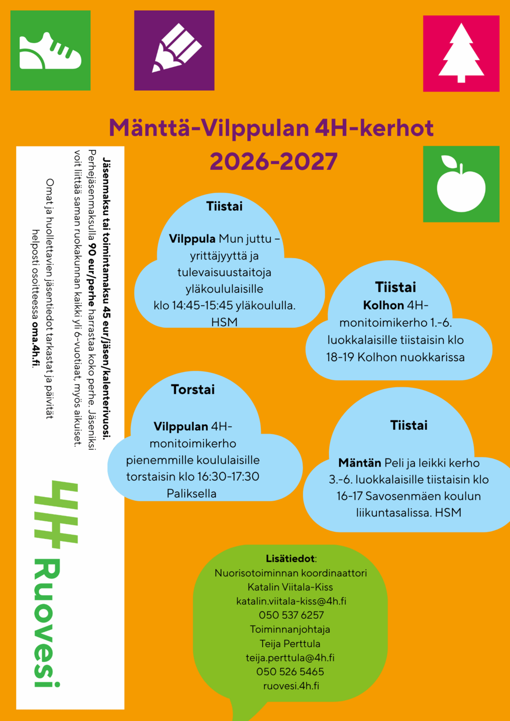 Mänttä-Vilppulan 4H-kerhotoiminnan värikäs kerhoilmoitus