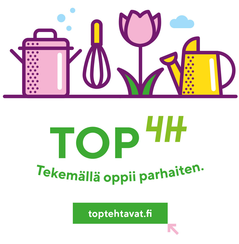 Ylälaidassa piirrettyjä kuvioita ruoanlaittoon ja puutarhanhoitoon liittyen. Keskellä teksti "TOP 4H. Tekemällä oppii parhaiten". Alhaalla teksti "toptehtavat.fi".