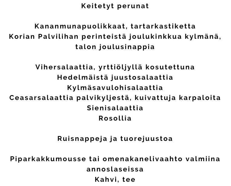 Pikkujoulujen menu kuvana.