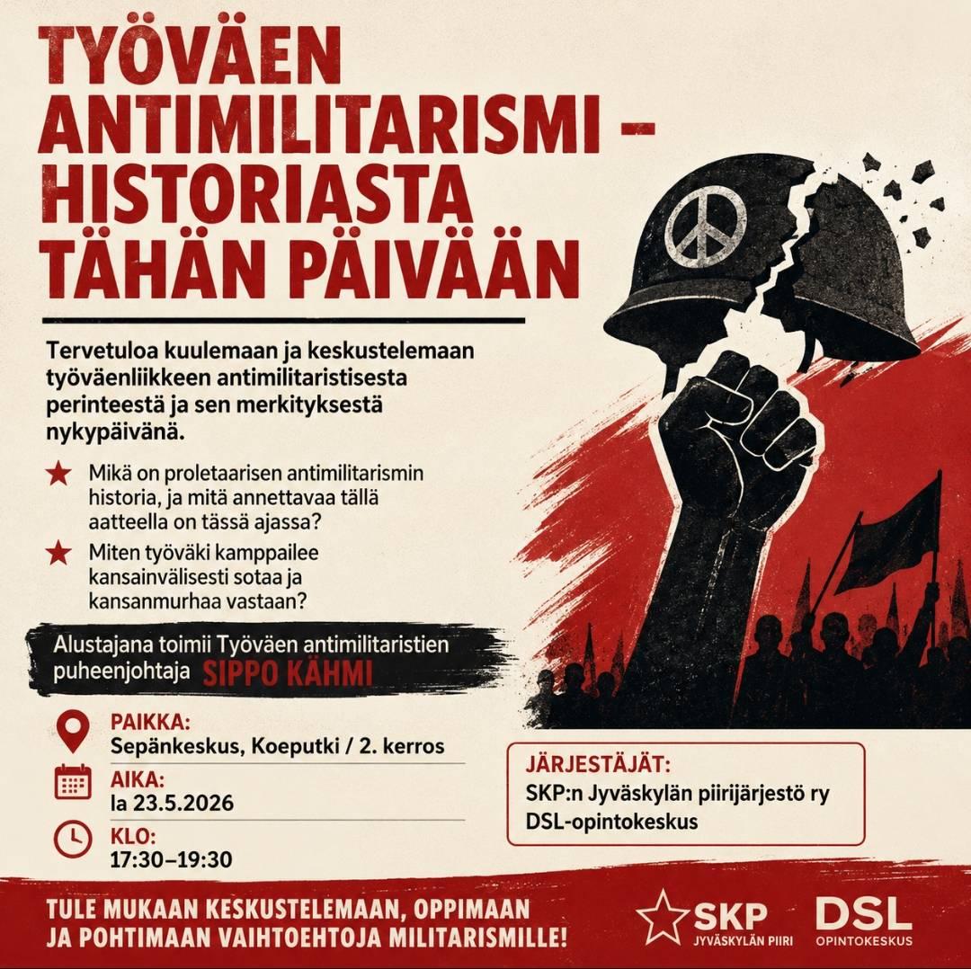 Mainoskuva, teksti on lähes sama kuin kuvan vieressä. Mainoskuvassa piirretty nyrkki joka murskaa rauhansymbolilla varustetun kypärän. Taustalla ihmisjoukko ja punainen taustaväri.