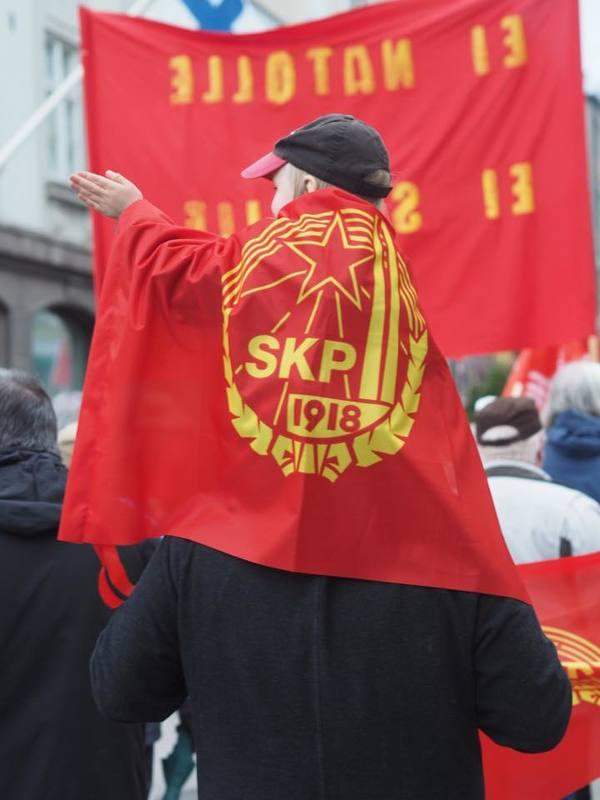 Lapsi aikuisen ihmisen olkapäillä SKP lippu selässään. Lapsi osoittaa kädellään vasemmalle. Kuva takaapäin.