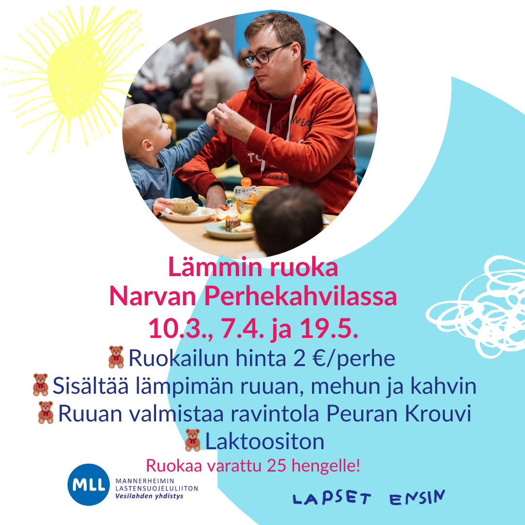 Lämmin ruoka tarjolla Narvan perhekahvilassa 7.4. ja 19.5. Ruuan hinta on 2 €/perhe. Hintaan sisältyy lämmin ruoka, mehu ja kahvi. Ruokailukerrat mahdollistaa Ravintola Peuran Krouvi. Ruoka on laktoositonta, mahdollisia muita ruokarajoitteita emme välttämättä pysty huomioimaan.