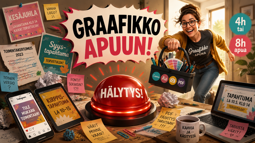 Nettitiimin graafikko hälytetään apuun yhdistyksen somekuvien, tapahtumamateriaalien ja Canva-pohjien viimeistelyyn.