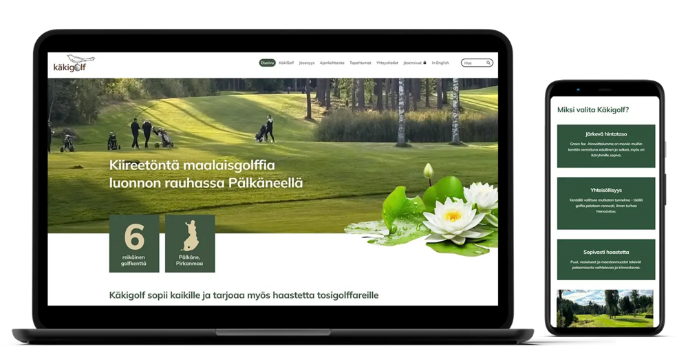 Esimerkki Yhdistysavaimella tehdyistä KäkiGolffin kotisivusta – responsiivinen näkymä tietokoneella ja puhelimessa.