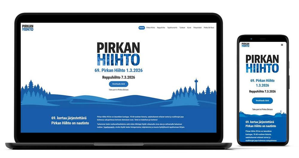 Esimerkki Yhdistysavaimella tehdyistä hiihtotapahtuman kotisivuista - responsiivinen näkymä tietokoneella ja puhelimessa.