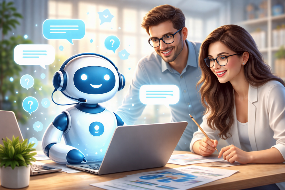 Ystävällinen chatbot-robotti ihmisten kanssa.