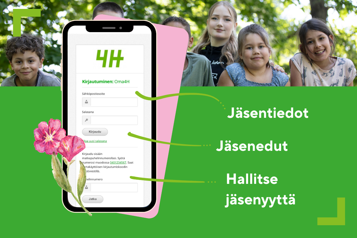 Kuvassa esitellään Digitaalista jäsenkorttia. Jäsenenä pääsee kirjautumaan Oma 4H-tilille. Kuvassa näkyy, että kirjautumalla Oma4H-tilille pääsee näkemään jäsentiedot, saa käyttöön jåäsenedut sekä hallitsemaan jäsenyyttä.
