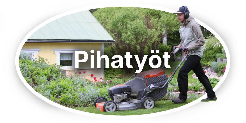 Kuvassa iloinen nuori Oululainen 4H-Yrittäjä leikkaa nurmikkoa. Kuvan päällä Pihatyö-teksti.