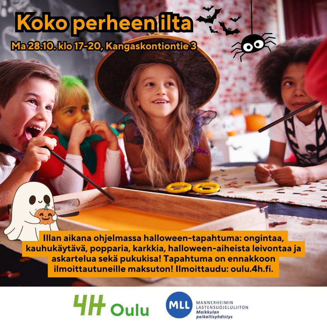 Halloween-pukuisia, iloisia lapsia askartelupöydän ympärillä. Koko perheen ilta Ma 28.10. klo 17-20, Kangaskontiontie 3. Illan aikana ohjelmassa halloween-tapahtuma: ongintaa, kauhukäytävä, popparia, karkkia, halloween-aiheista leivontaa ja askartelua sekä pukukisa! Tapahtuma on ennakkoon ilmoittautuneille maksuton! Ilmoittaudu: oulu.4h.fi."