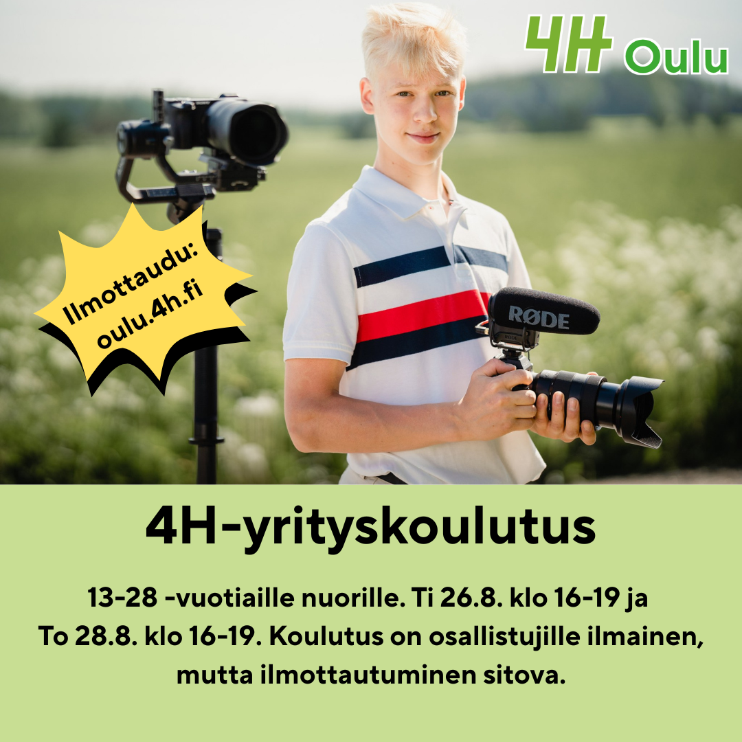 Nuori leipomassa muffineja. "4H-yrityskoulutus 13-28 -vuotiaille nuorille. 7.2. klo 17-19, 8.2. klo 17-19 ja 15.2. klo 17-19. Koulutus on osallistujille ilmainen, 
mutta ilmoittautuminen sitova."