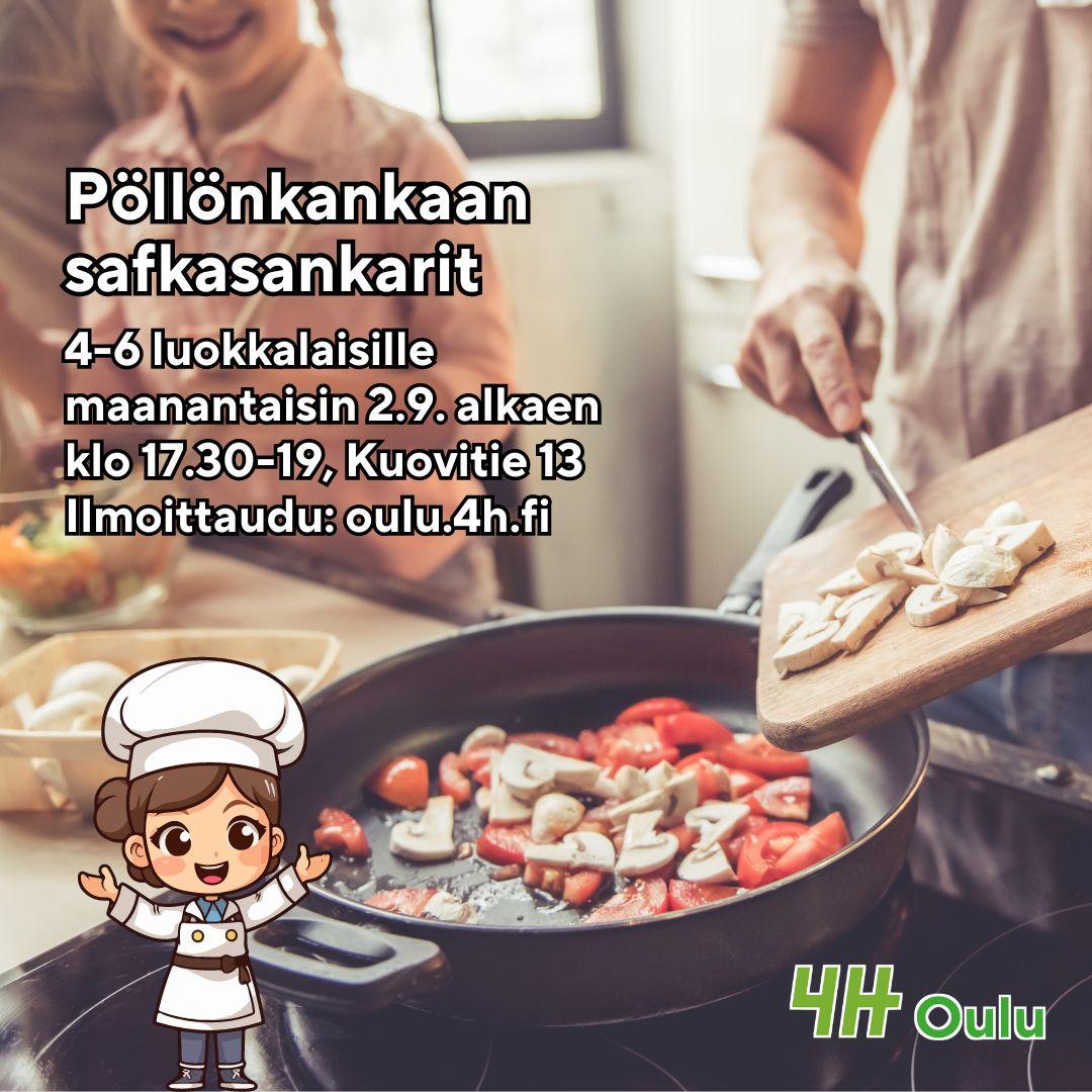 Lapsia keittiössä. Toinen kaataa leikkuulauden päältä herkkusieniä pannulle. "Pöllönkankaan safkasankarit 4-6 luokkalaisille tiistaisin 3.9. alkaen klo 18.30-20, Kuovitie 13. Ilmoittaudu: oulu.4h.fi."