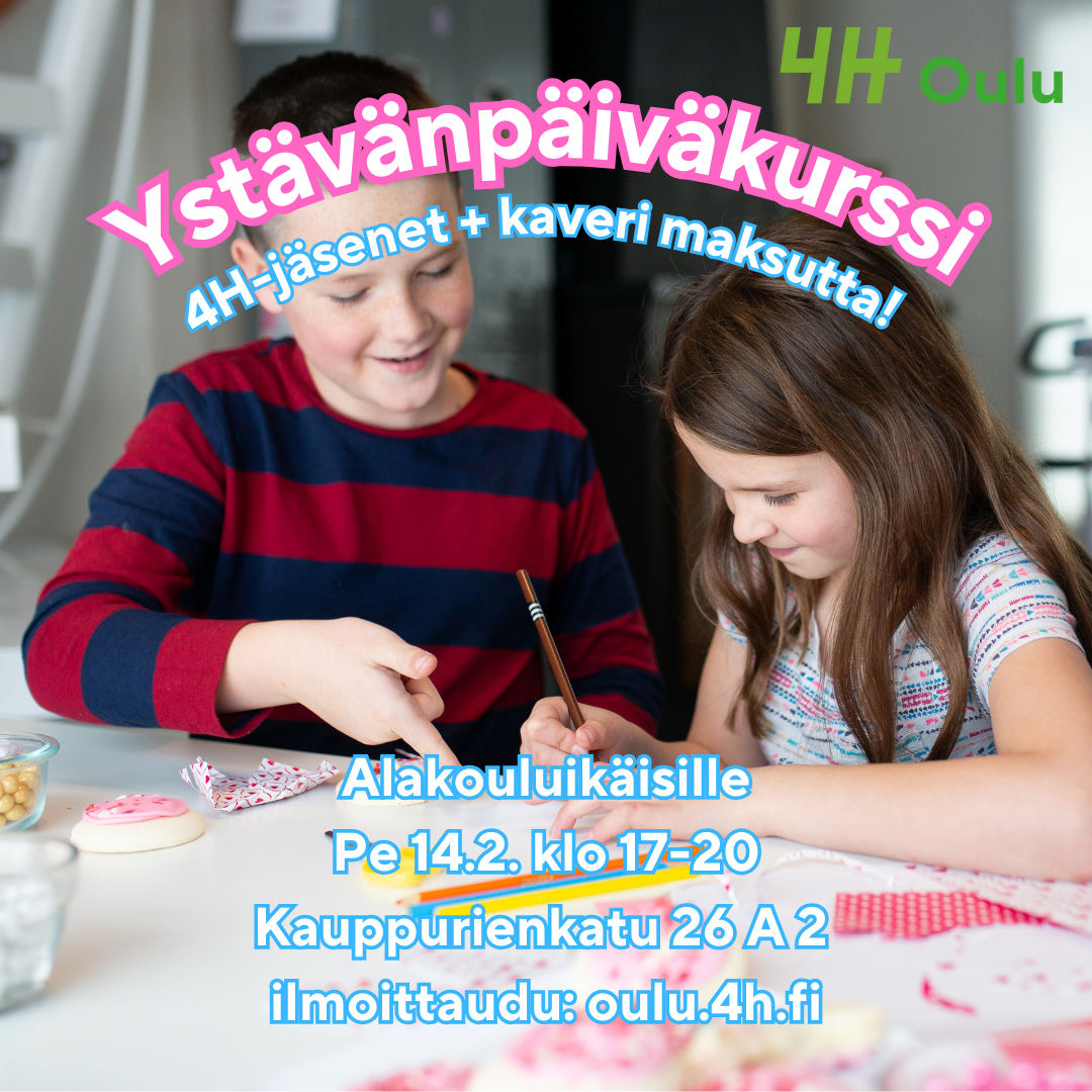 Poika ja tyttö askartelevat ystävänpäiväkorttia. "Ystävänpäiväkurssi, 4H-jäsenet + kaveri maksutta! Alakouluikäsille perjantaina 14.2. klo 17-20. Osoite Kauppurienkatu 26 A 2. Ilmoittaudu: oulu.4h.fi"