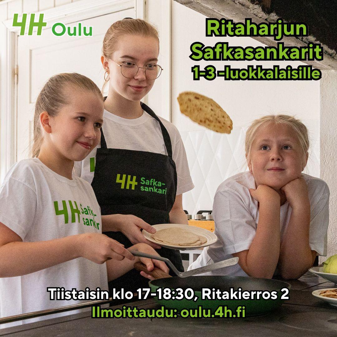 Lapsia kokkaamassa ohjaajan kanssa. "Ritaharjun Safkasankarit 1-3 -luokkalaisille tiistaisin klo 17-18:30, Ritakierros 2 Ilmoittaudu: oulu.4h.fi."